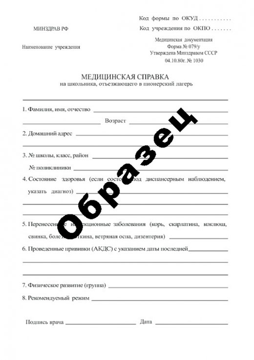 Справка в пионерский лагерь в Тольятти